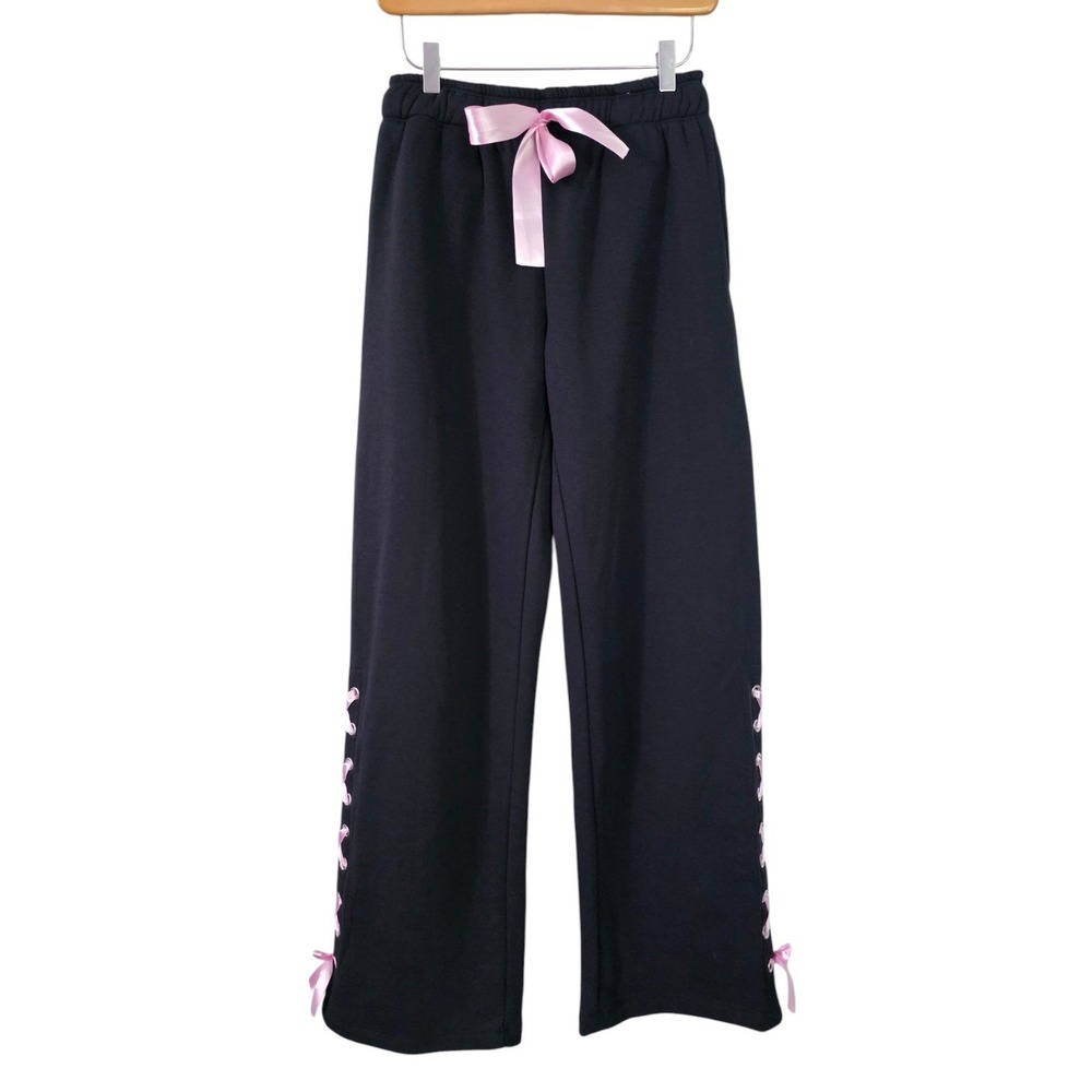 Hot Topic Black Pink Hearts Bow Lace Up Ribbon Sweat Pants XS Wide Leg Coquette